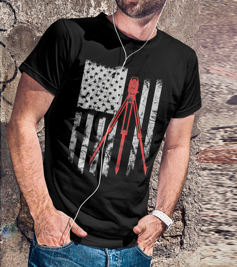 Tripod Survey American Flag 4th Of July T-Shirt