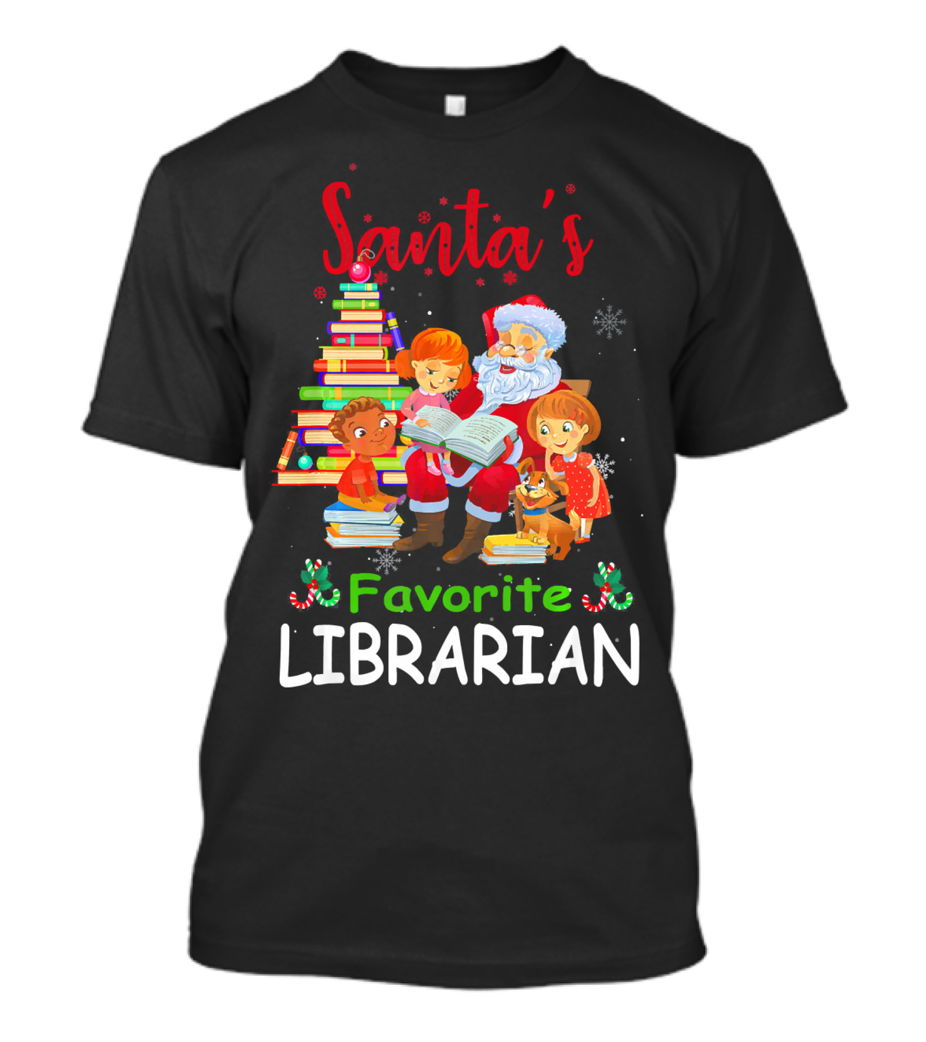 Santa's Favorite Librarian Christmas Book Tree With Kids And Dog T-Shirt