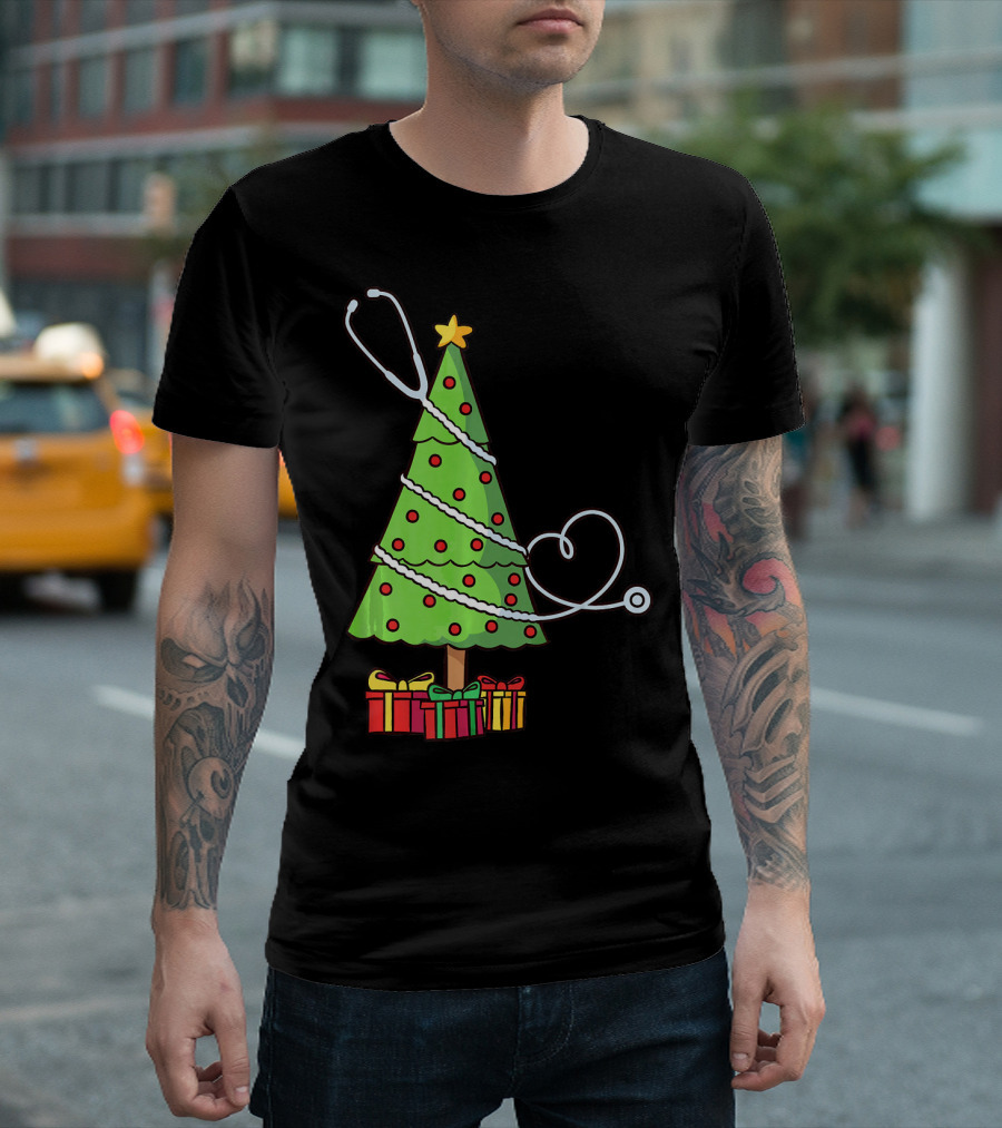 Stethoscope Doctor Medical Christmas Tree with Festive Presents T-Shirt