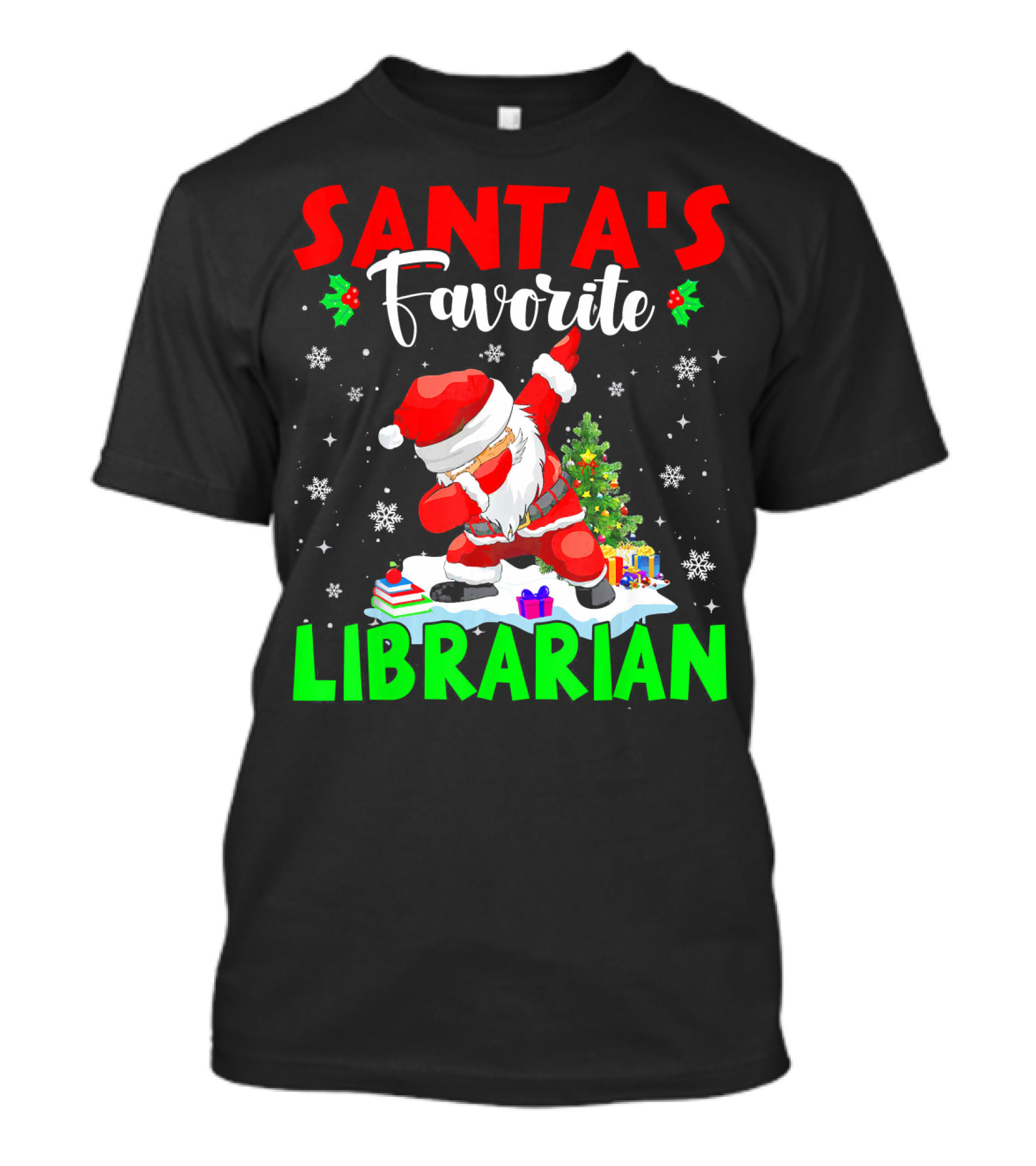 Santa's Favorite Librarian Dancing Santa With Books And Gifts T-Shirt