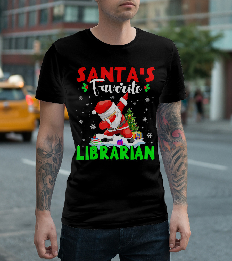 Santa's Favorite Librarian Dancing Santa With Books And Gifts T-Shirt