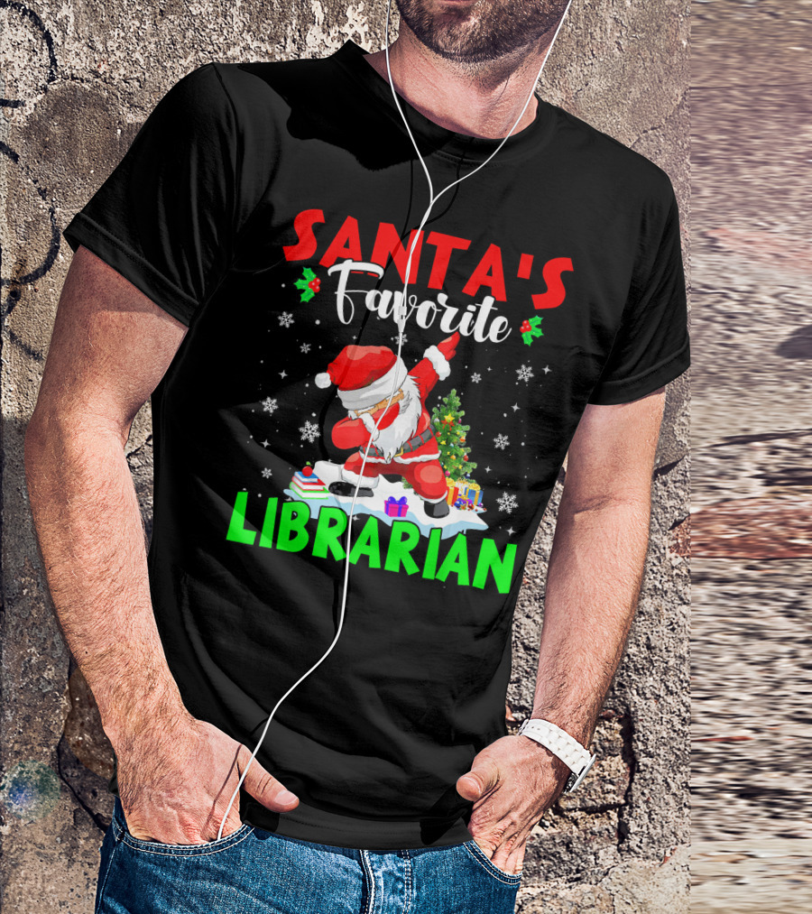 Santa's Favorite Librarian Dancing Santa With Books And Gifts T-Shirt