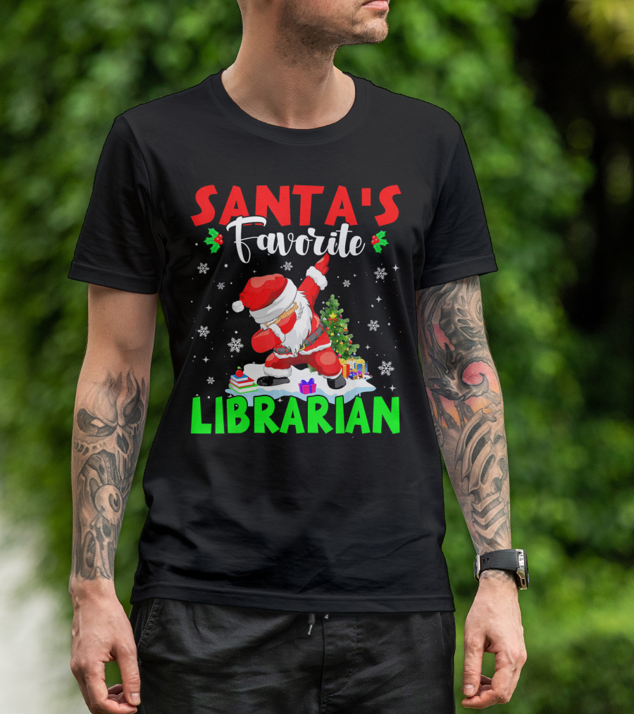 Santa's Favorite Librarian Dancing Santa With Books And Gifts T-Shirt