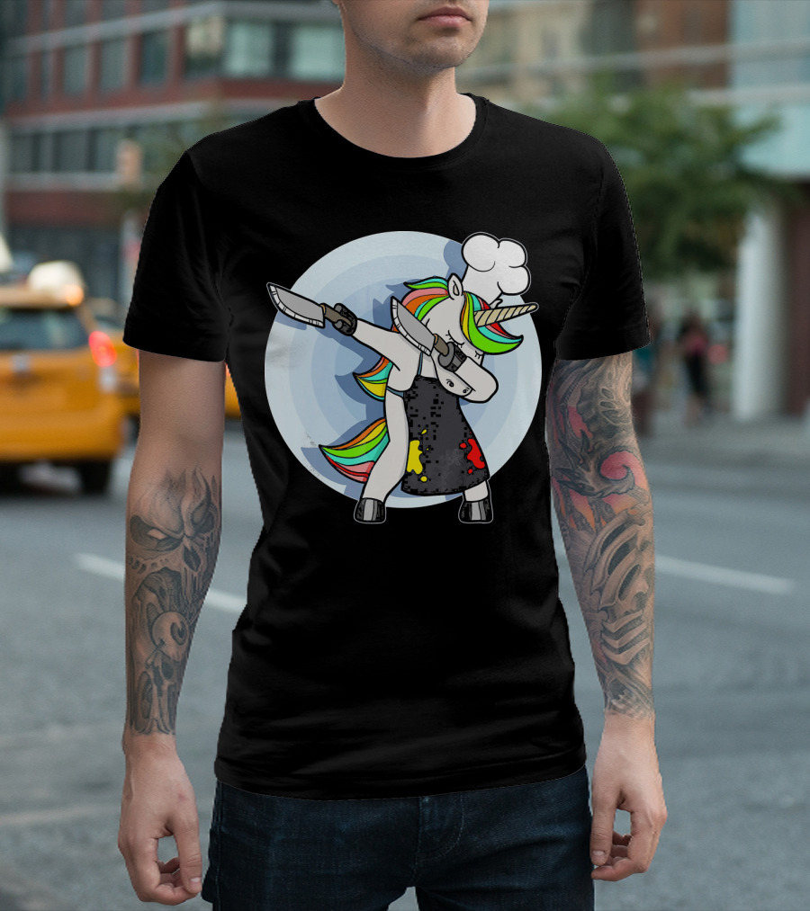 Unicorn Dabbing Chef With Rainbow Hair And Knives T-Shirt