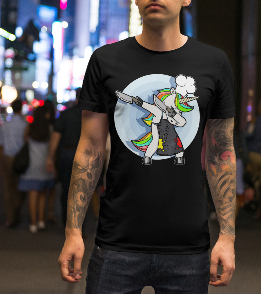 Unicorn Dabbing Chef With Rainbow Hair And Knives T-Shirt