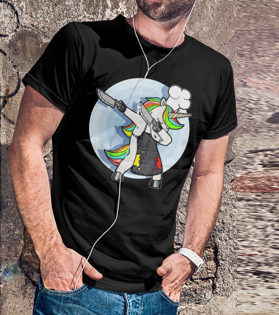 Unicorn Dabbing Chef With Rainbow Hair And Knives T-Shirt