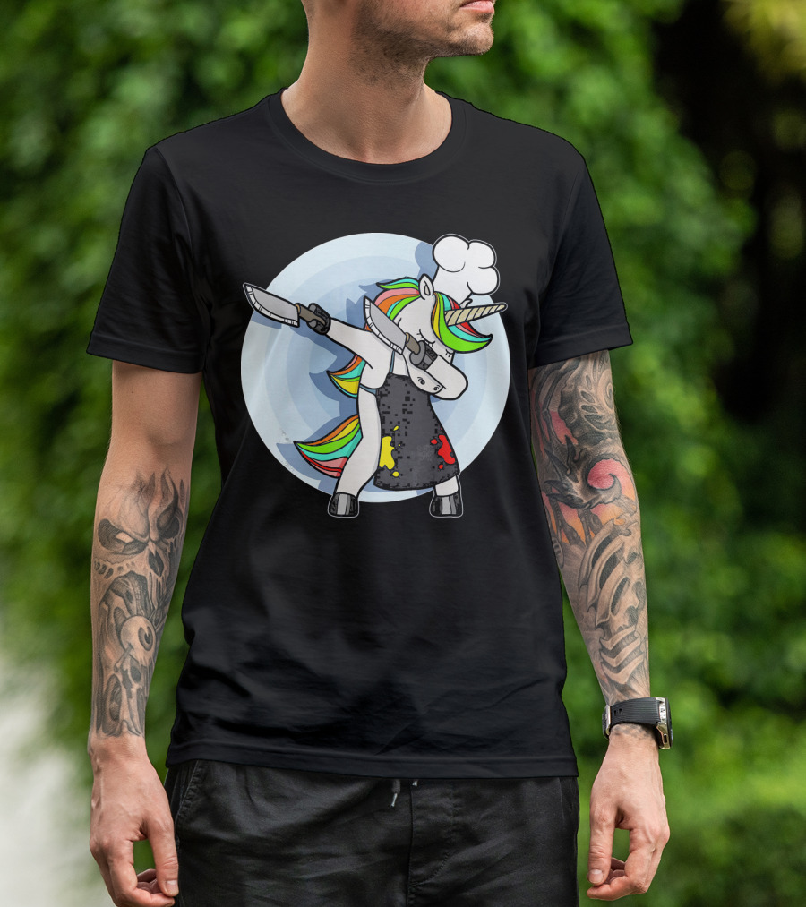 Unicorn Dabbing Chef With Rainbow Hair And Knives T-Shirt