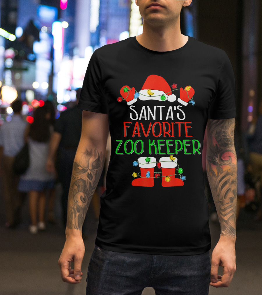 Santa's Favorite Zoo Keeper Santa Hat Christmas Holiday Lights T-Shirt