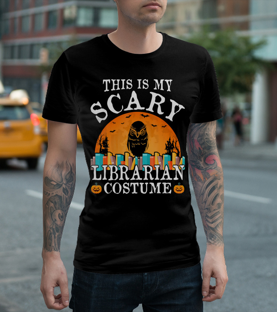 This Is My Scary Librarian Costume Owl and Pumpkins Halloween Scene T-Shirt