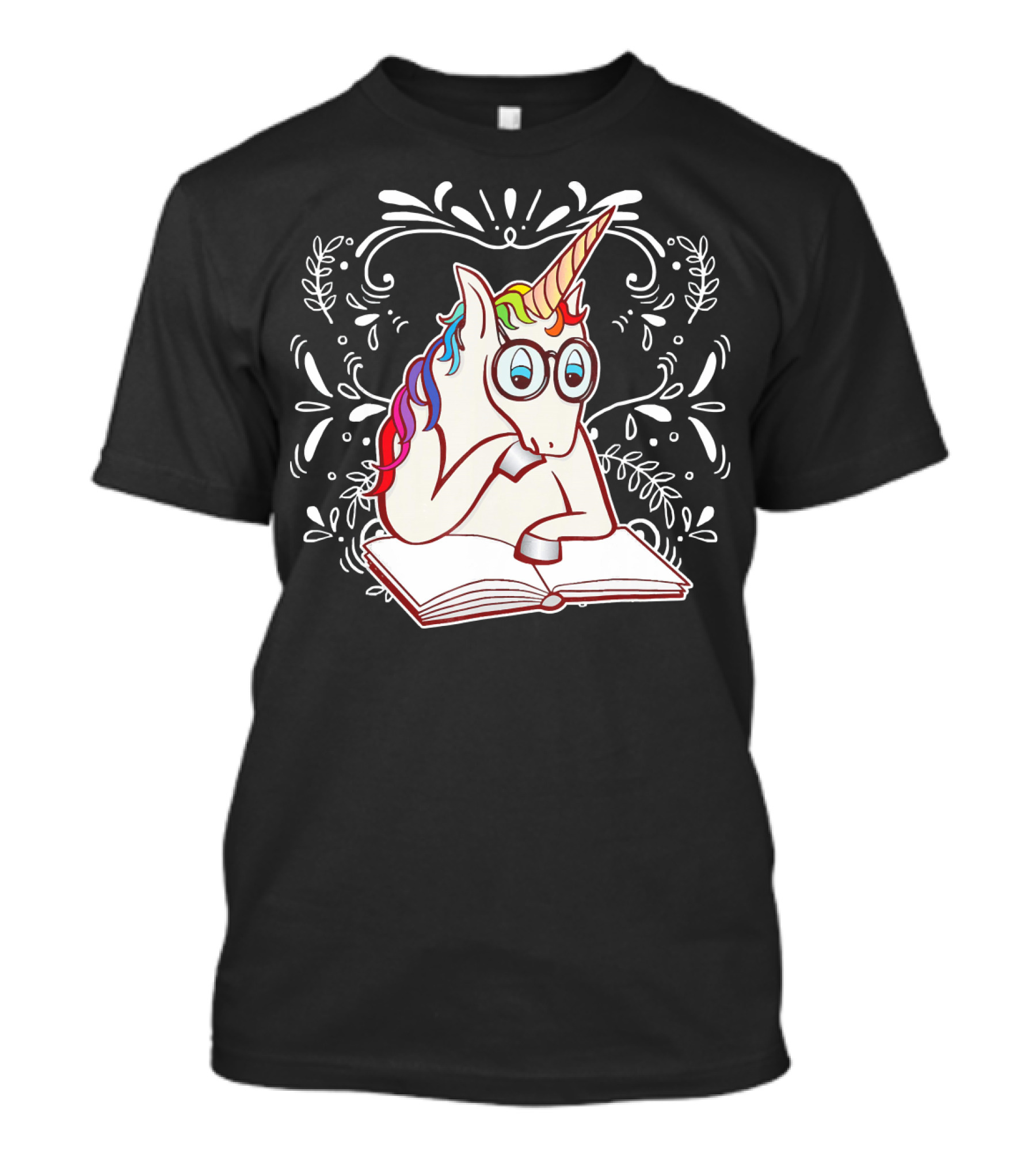 Unicorn With Glasses Reading A Book With Floral Background T-Shirt