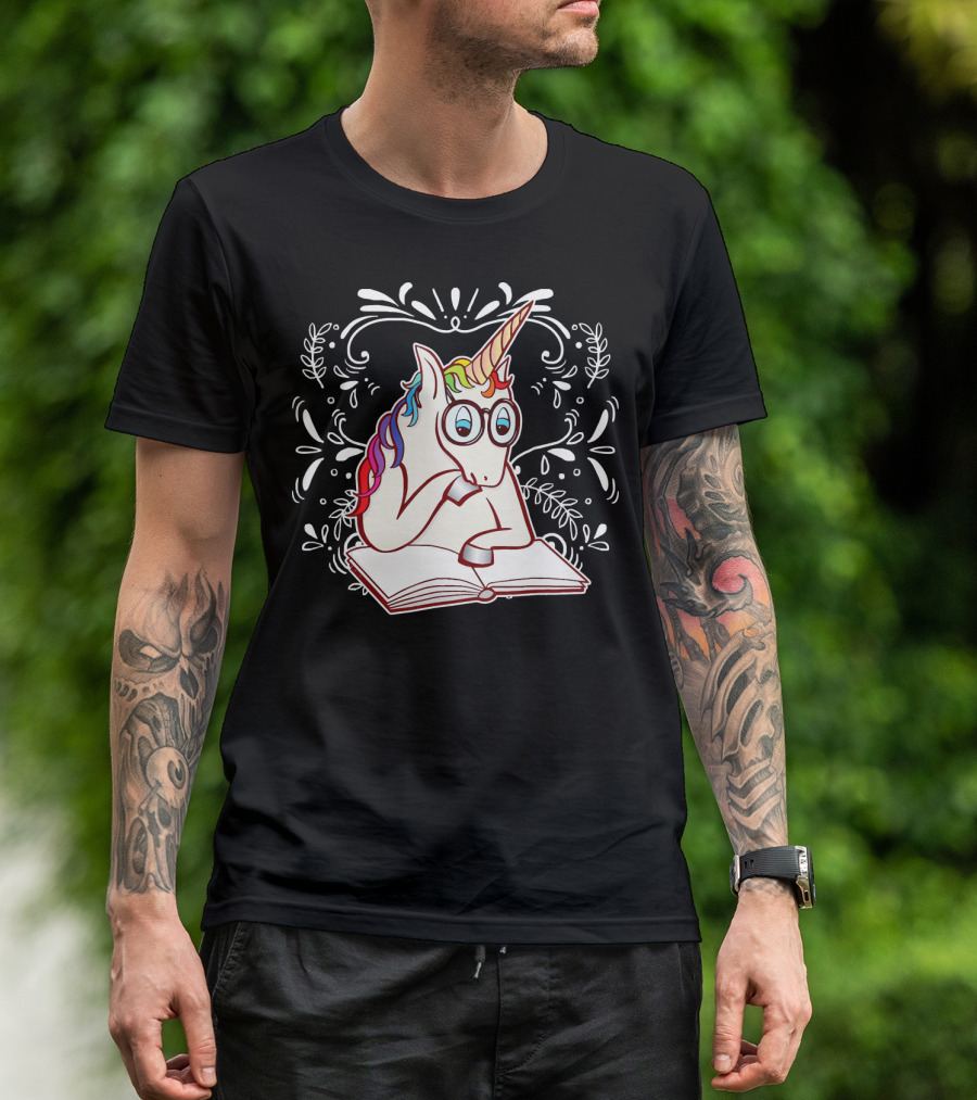 Unicorn With Glasses Reading A Book With Floral Background T-Shirt
