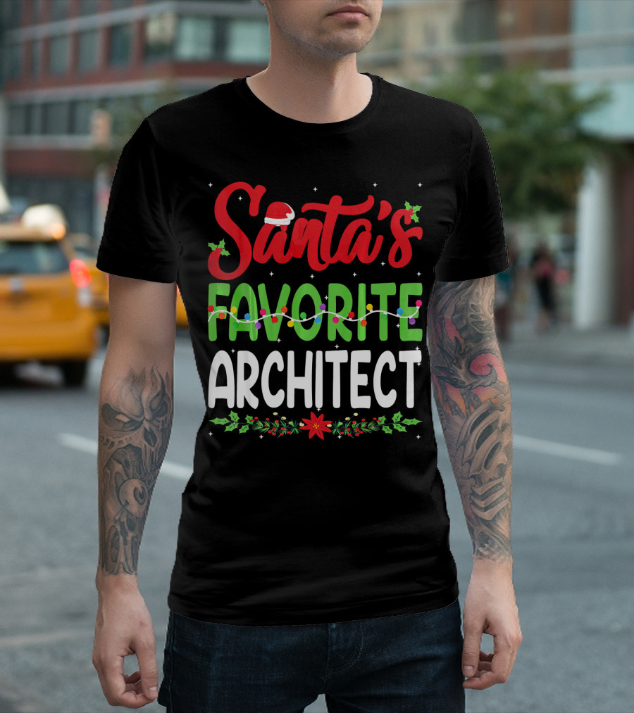 Santa's Favorite Architect Christmas Santa Hat Holly Lights T-Shirt