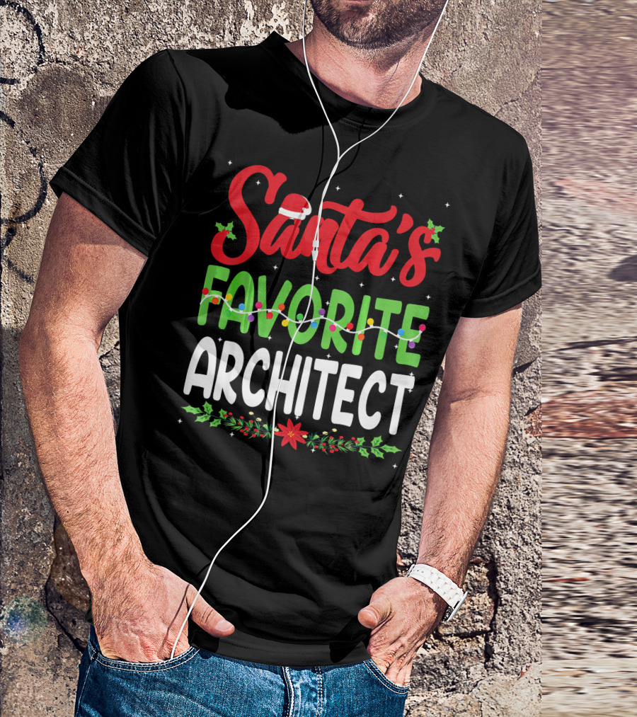 Santa's Favorite Architect Christmas Santa Hat Holly Lights T-Shirt