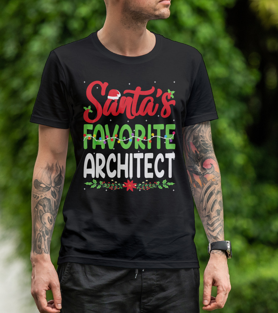Santa's Favorite Architect Christmas Santa Hat Holly Lights T-Shirt