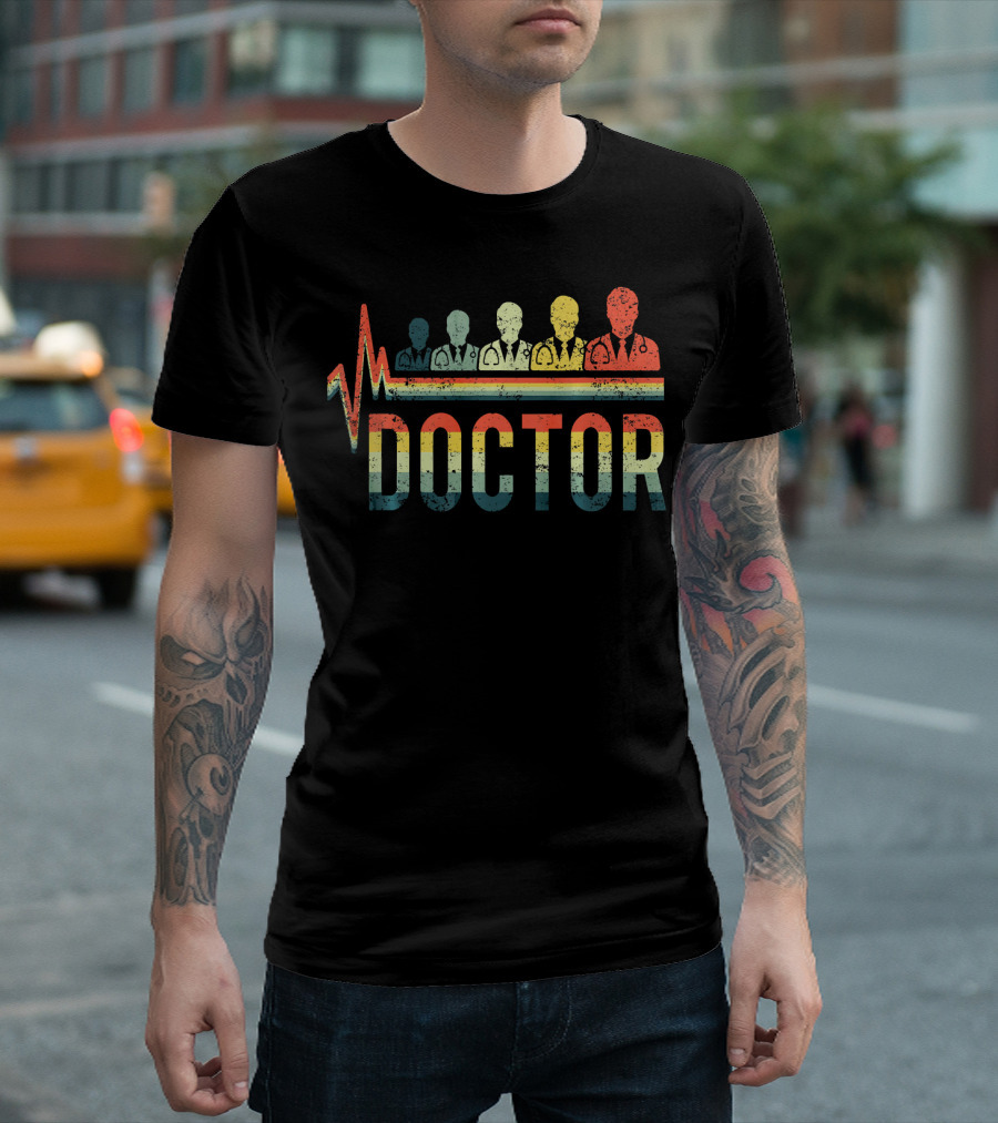 Vintage Retro Heartbeat Doctor Stethoscope Silhouettes Rainbow Icons T-Shirt