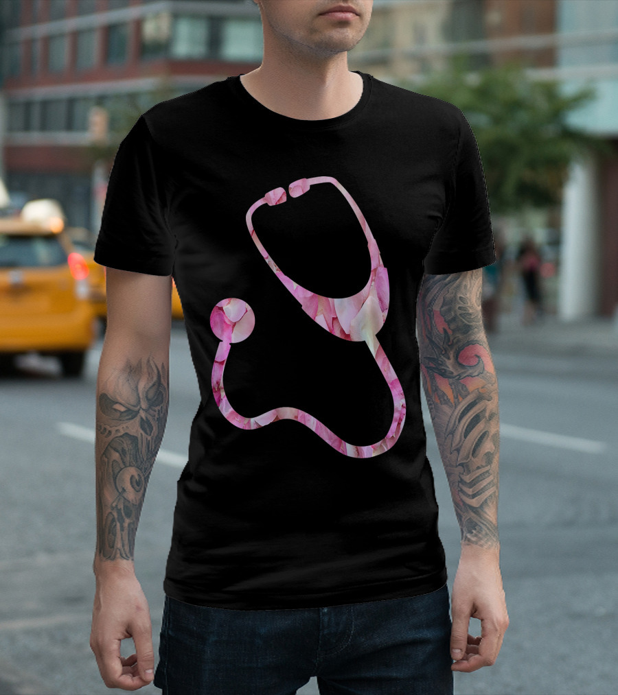 Stethoscope Pink Floral Pattern Medical Cute Flower T-Shirt