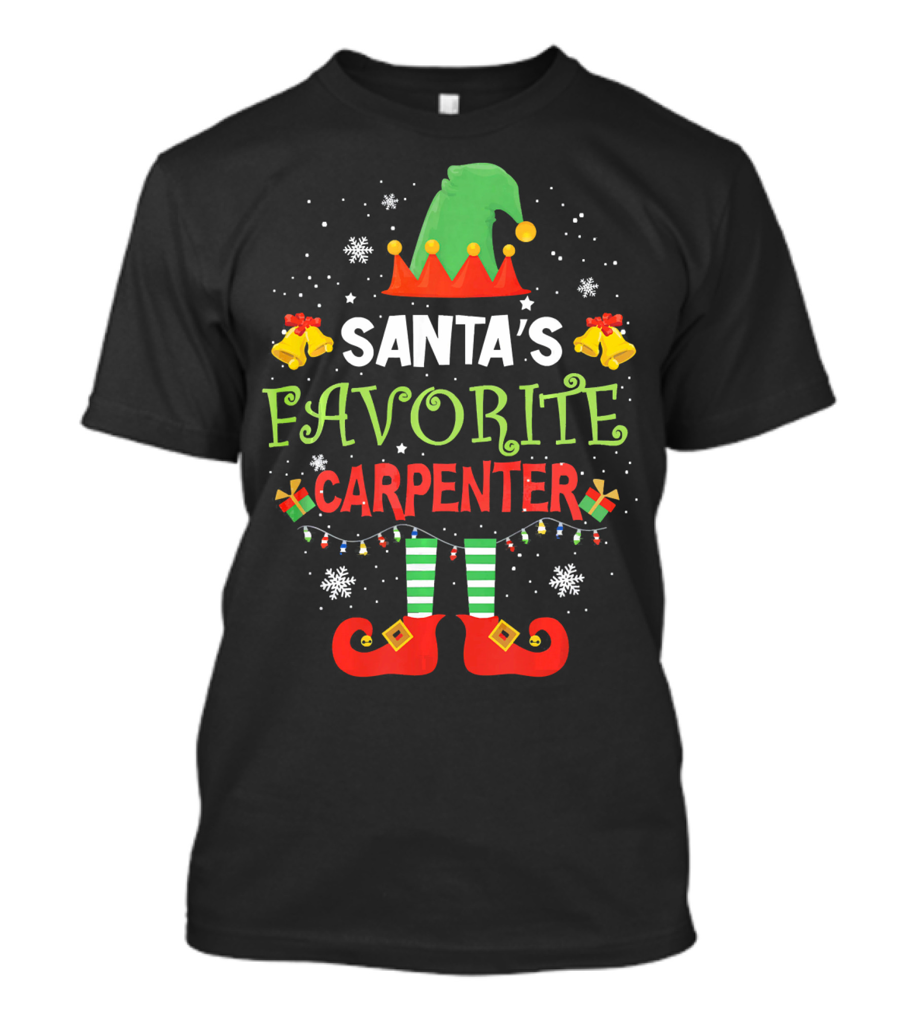 Santa's Favorite Carpenter Elf Hat Bells Snowflakes Striped Stockings T-Shirt