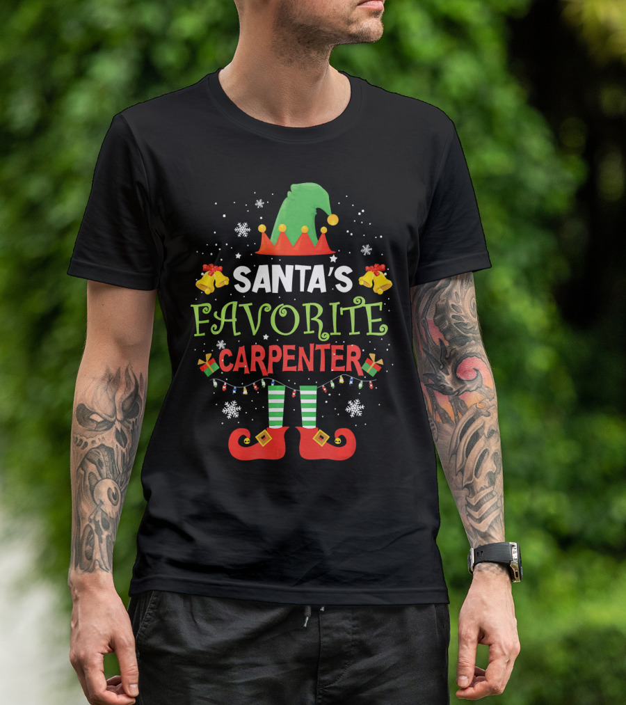 Santa's Favorite Carpenter Elf Hat Bells Snowflakes Striped Stockings T-Shirt