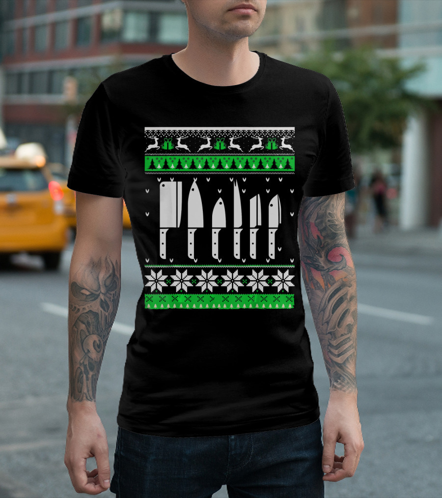 Ugly Christmas Chef Knife Funny Coo Snowflakes Reindeer Gifts T-Shirt