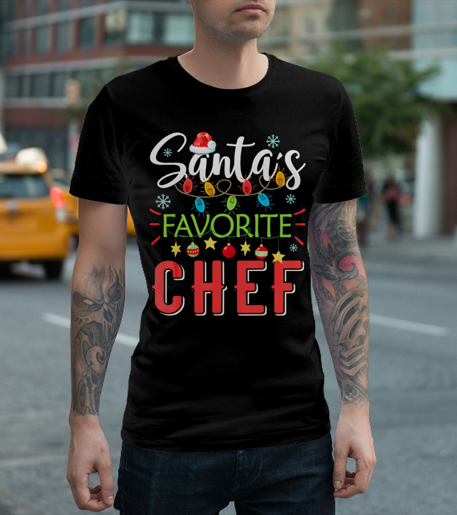 Santa's Favorite Chef Xmas Light Santa Snowflakes Stars Ornaments T-Shirt