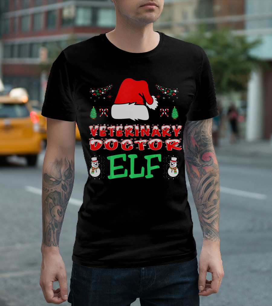 Veterinary Doctor Elf Santa Hat Candy Cane Snowman Christmas Trees T-Shirt