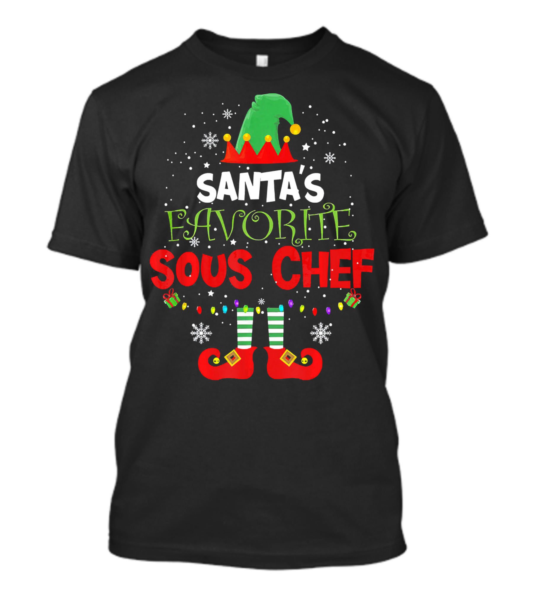 Santa's Favorite Sous Chef Elf Hat And Boots Christmas Snowflakes T-Shirt