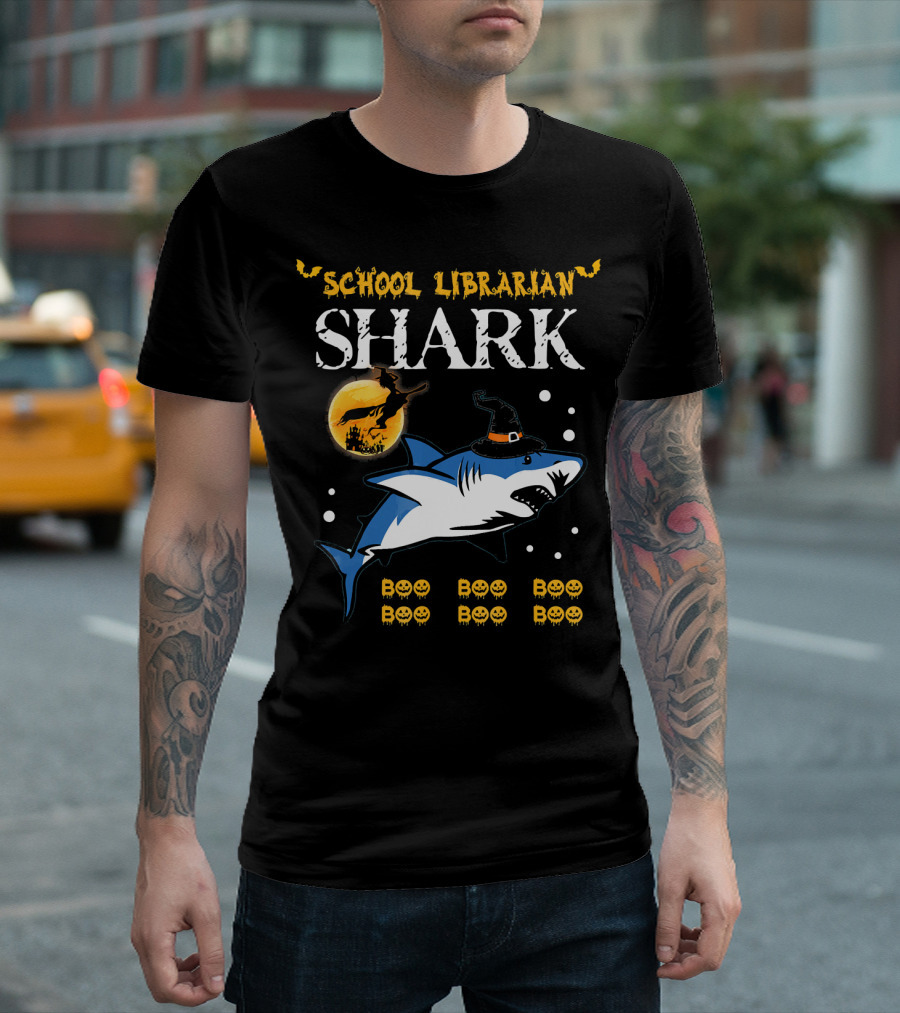 School Librarian Shark Boo Boo Boo Halloween Moon Pumpkins T-Shirt