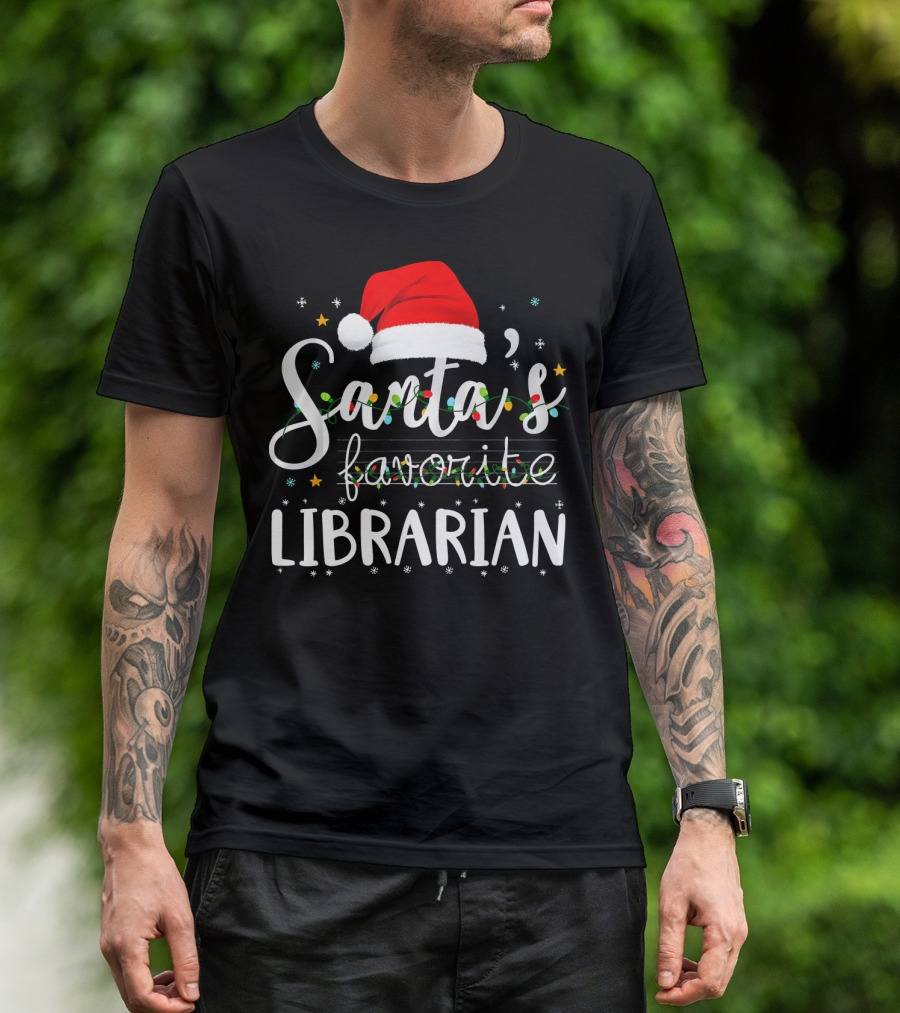 Santa's Favorite Librarian Christmas Santa Hat Lights T-Shirt