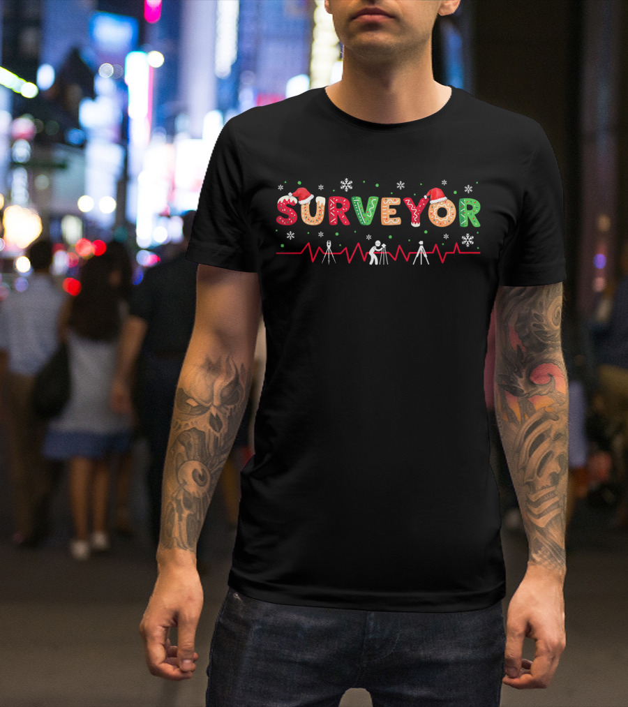 Surveyor Christmas Santa Hat Holiday Costume Snowflakes T-Shirt