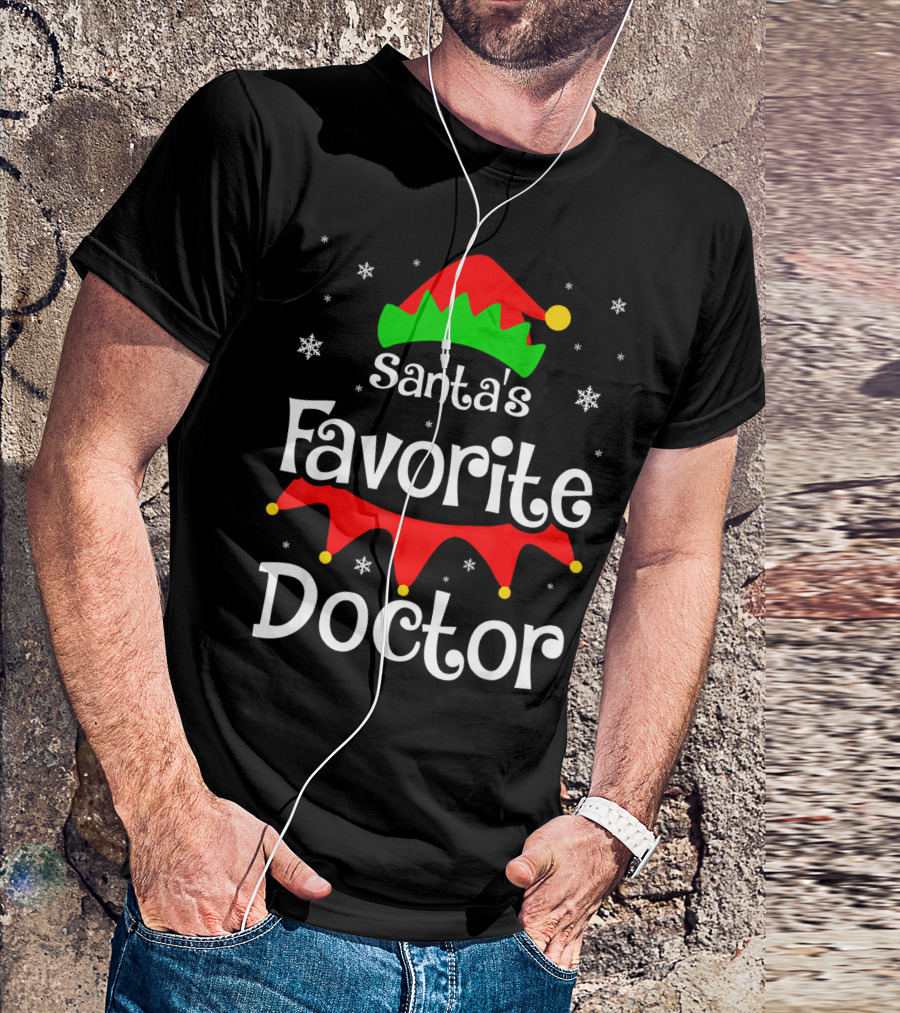 Santa's Favorite Doctor Christmas Elf Hat Snowflakes T-Shirt