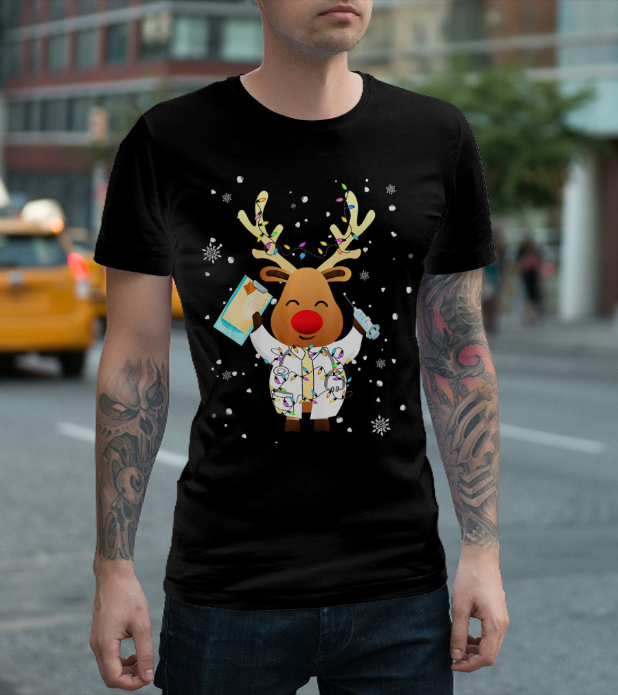 Reindeer Doctor in Holiday Lights with Festive Clipboards and Snowflakes T-Shirt