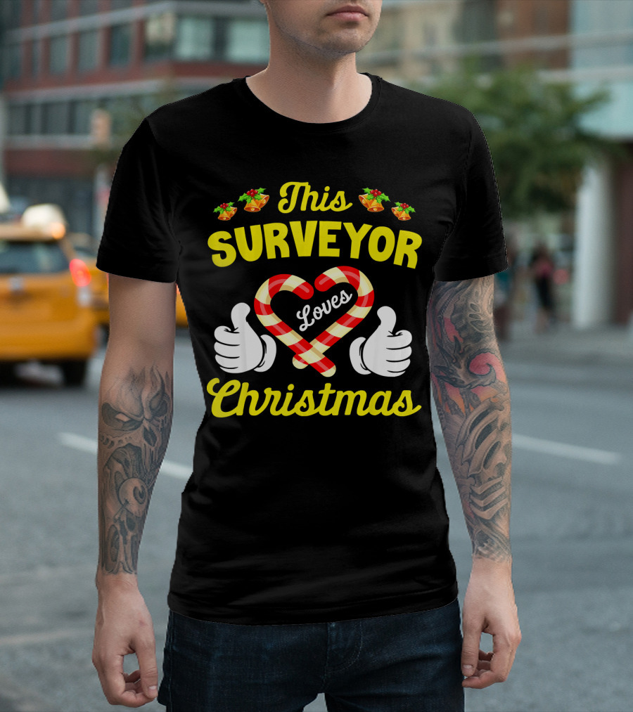 This Surveyor Loves Christmas Candy Cane Heart and Bells T-Shirt