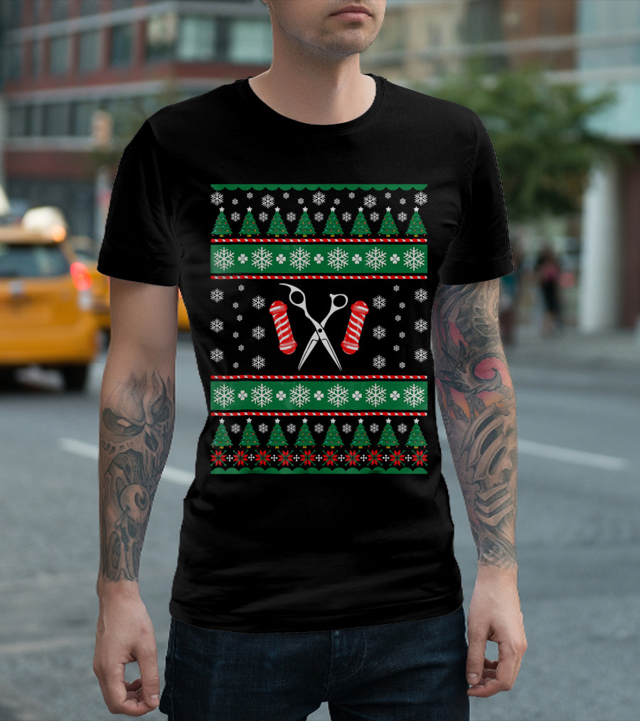 Barber Christmas Scissors and Candy Canes Ugly T-Shirt