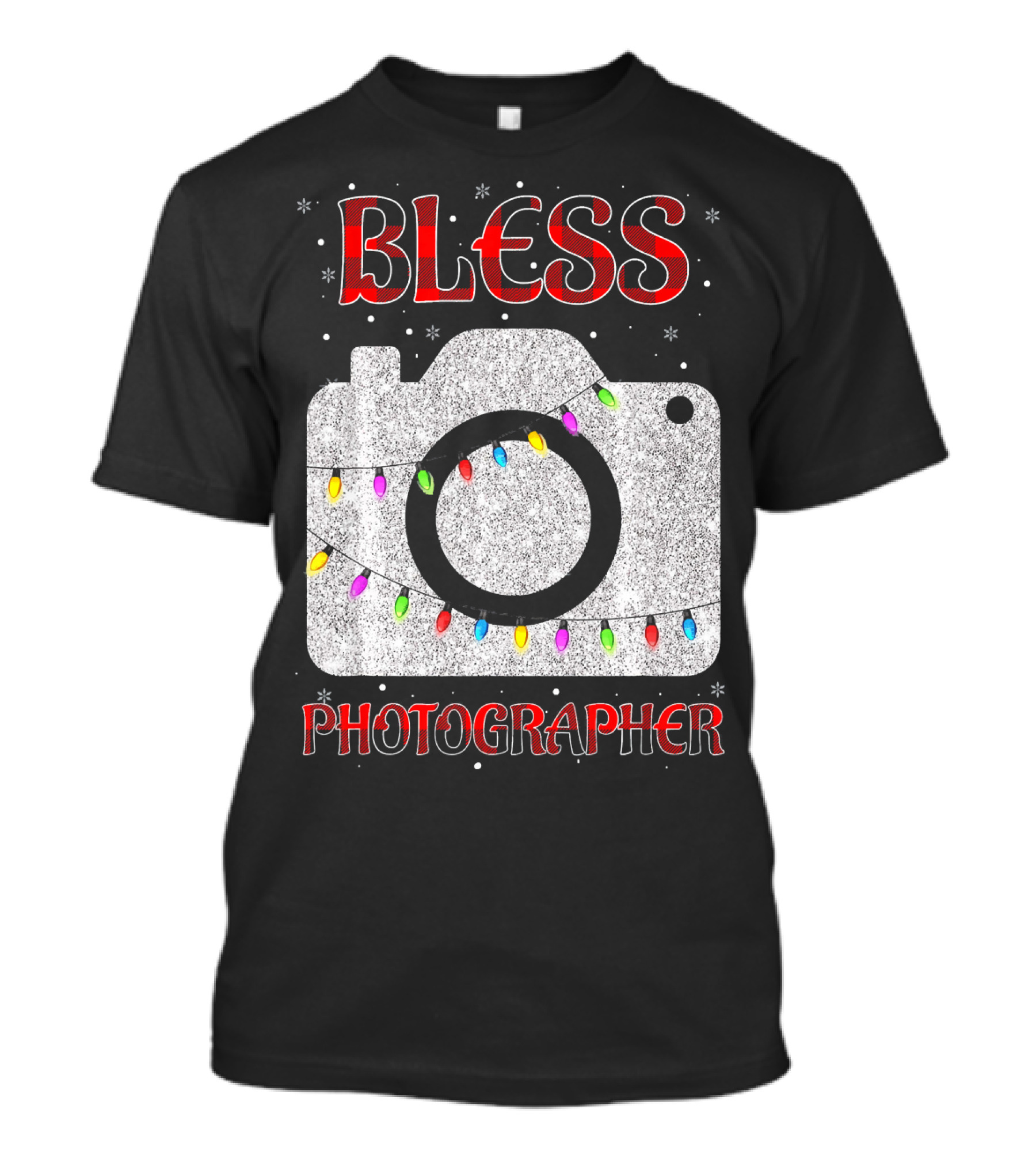 Bless Photographer Camera Christmas Lights Buffalo Plaid T-Shirt