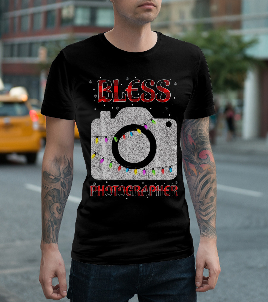 Bless Photographer Camera Christmas Lights Buffalo Plaid T-Shirt