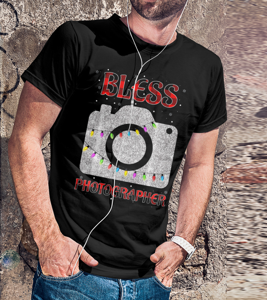 Bless Photographer Camera Christmas Lights Buffalo Plaid T-Shirt