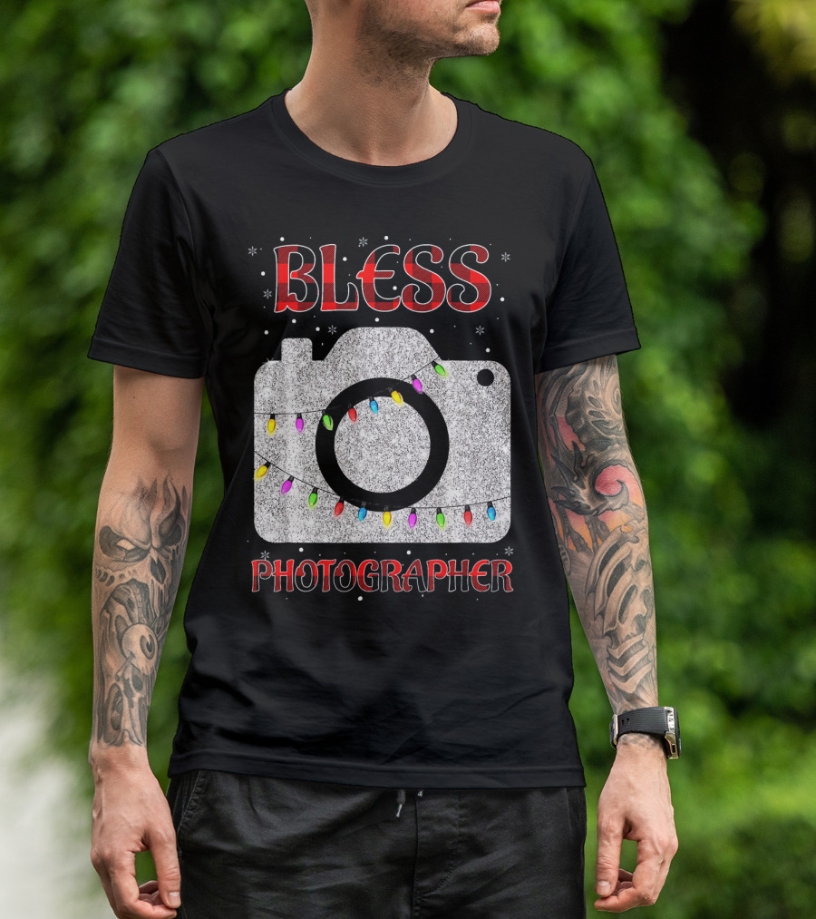 Bless Photographer Camera Christmas Lights Buffalo Plaid T-Shirt