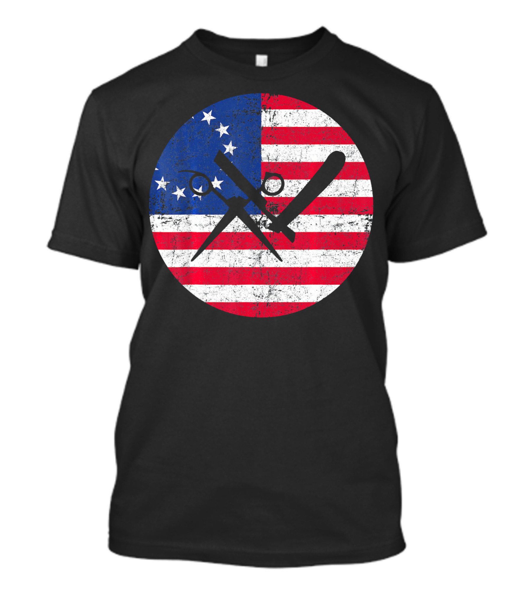 Barber Hairdresser Retro Betsy Ross American Flag Scissors And Razor T-Shirt