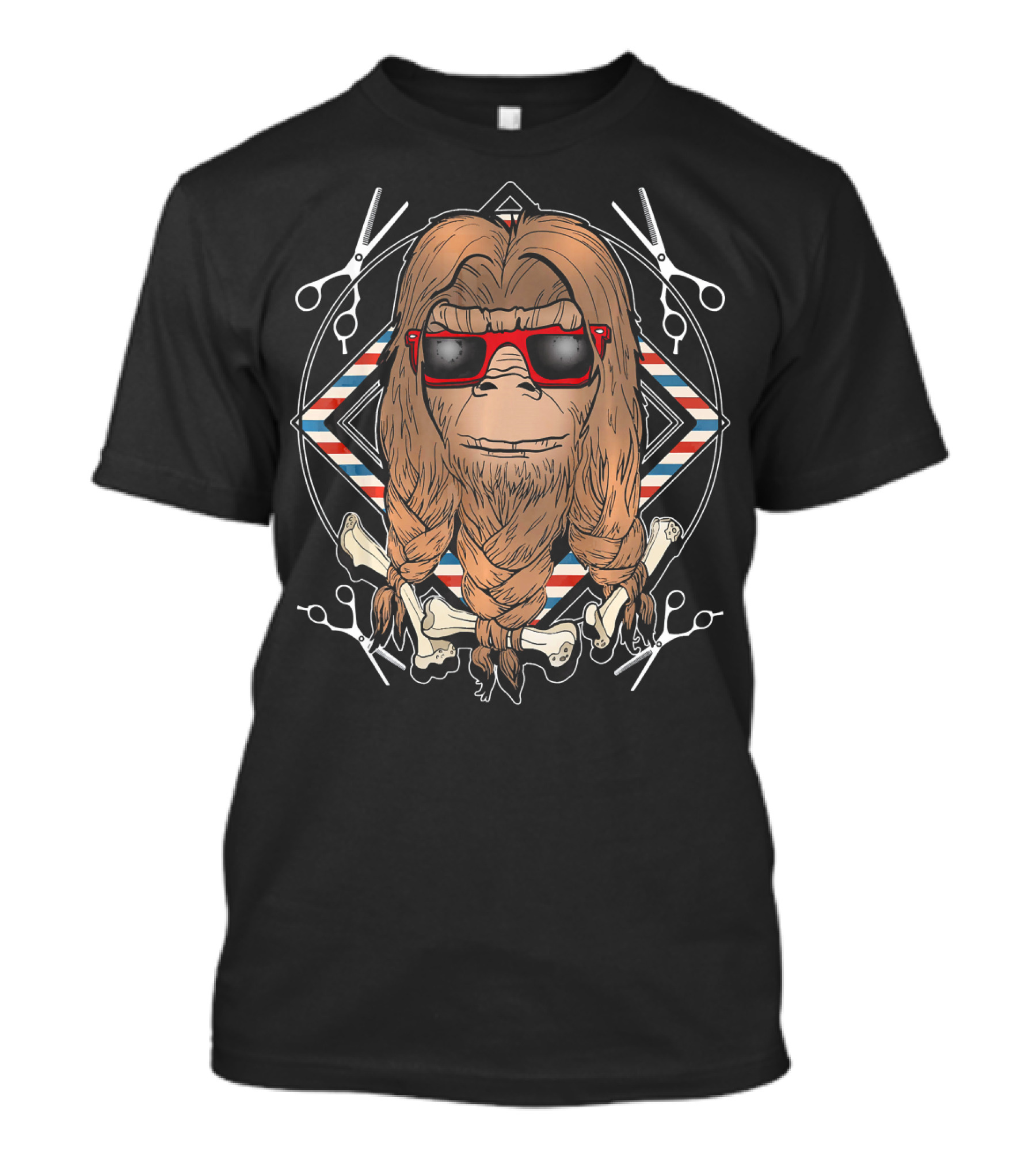 Bigfoot Hair Tied With Bones Funny Haird Scissors And Sunglasses T-Shirt