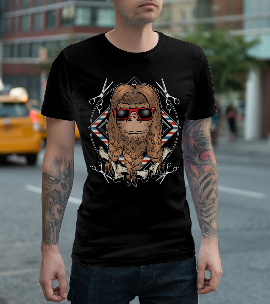 Bigfoot Hair Tied With Bones Funny Haird Scissors And Sunglasses T-Shirt