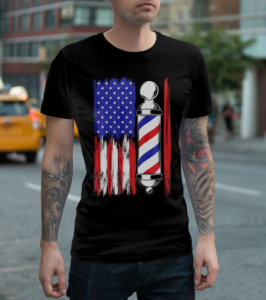 Patriotic Barber Stylist American Flag Pole T-Shirt