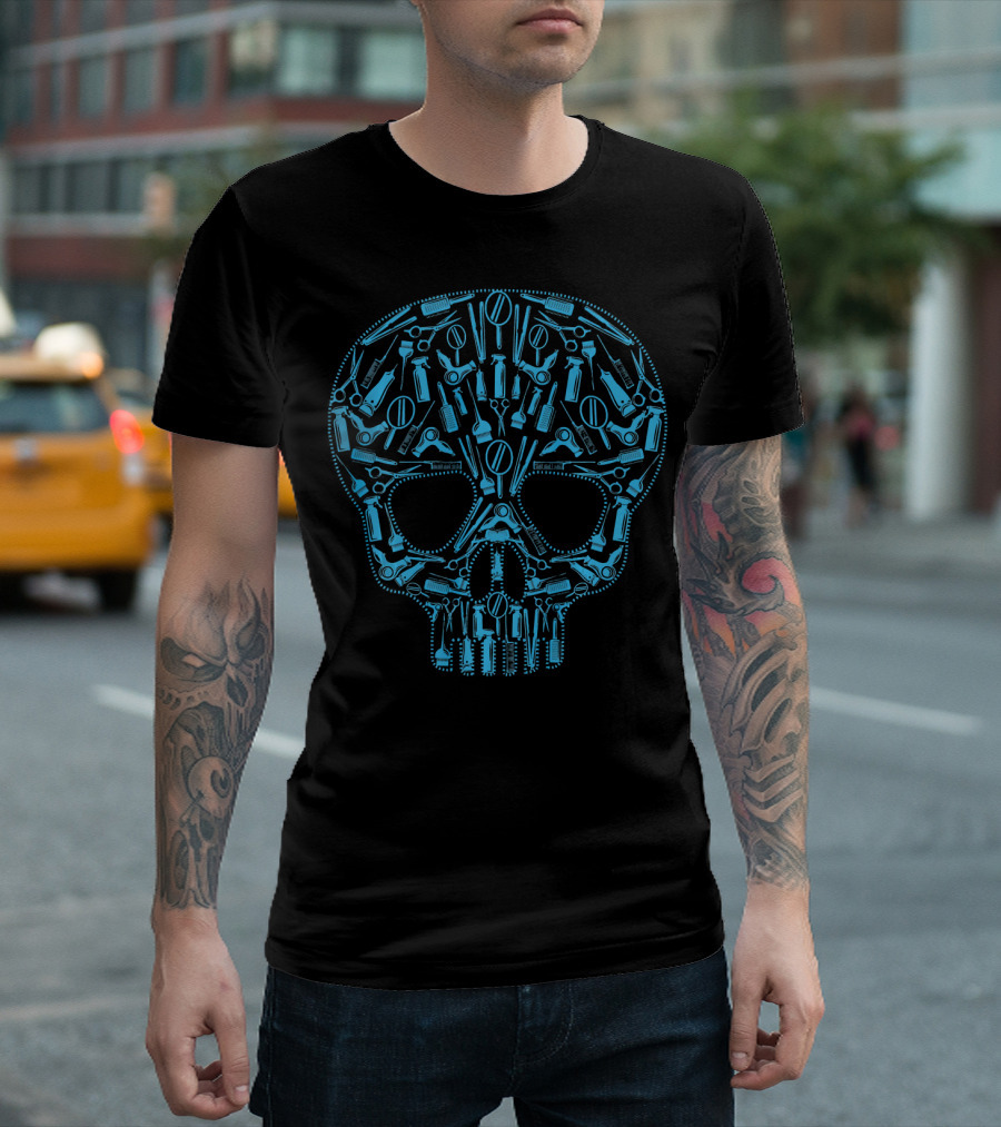 Barber Shop Skull Tools Hair Dresser Tools in Skull T-Shirt