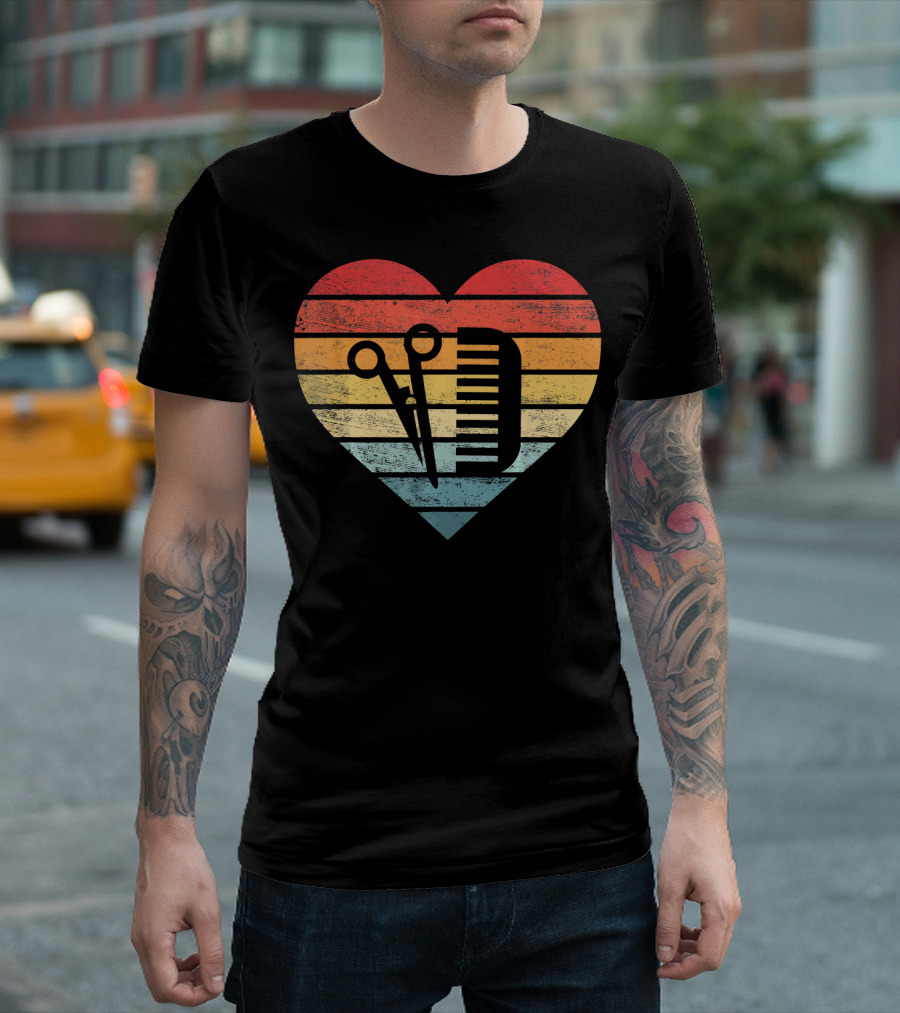 Barber Hairdresser Heart Sunset Scissors Comb Retro T-Shirt