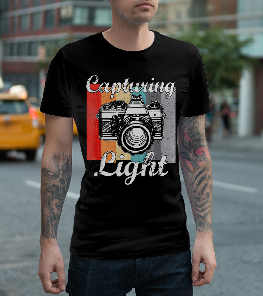 Capturing Light Vintage Photography Camera with Retro Stripes T-Shirt