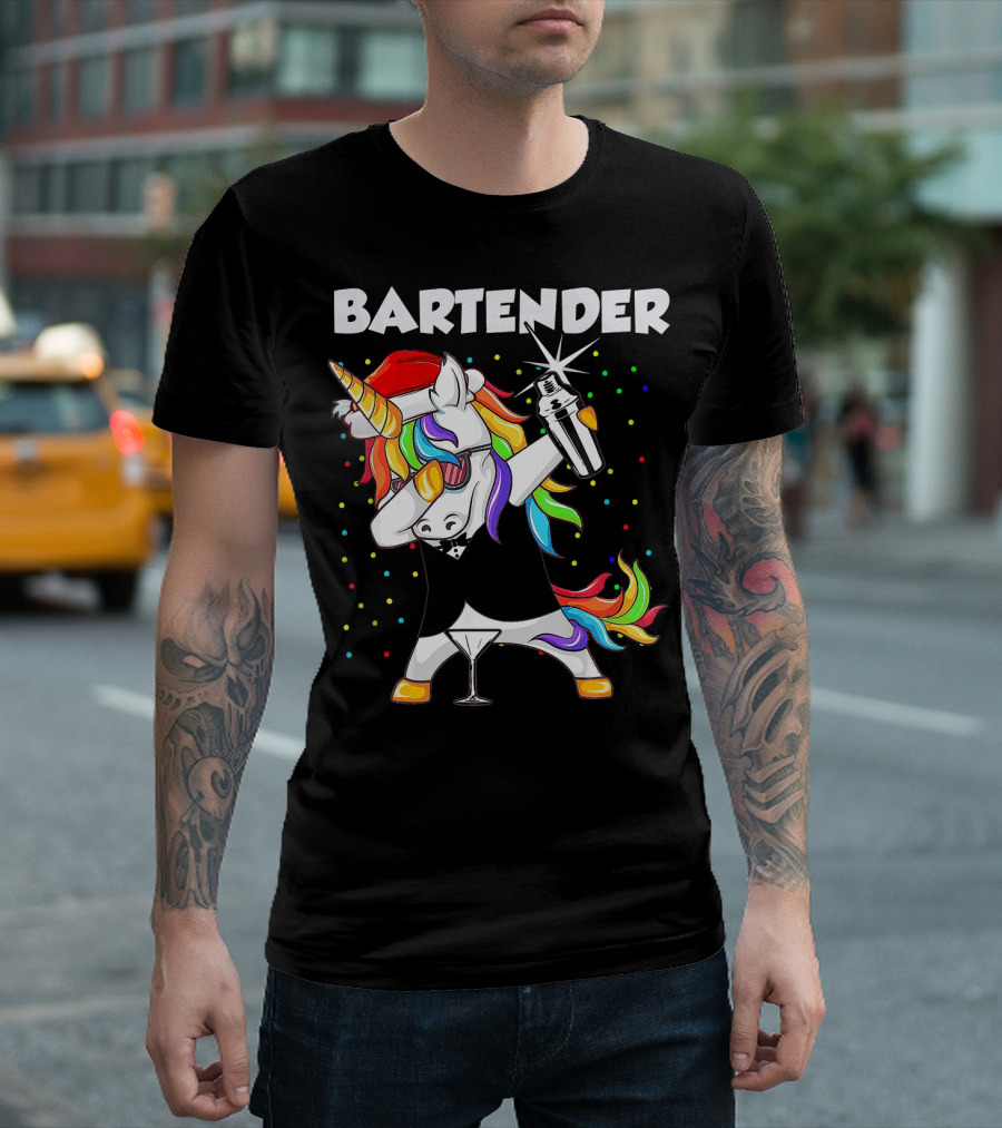 Bartender Unicorn Santa Dab With Cocktail Shaker And Santa Hat T-Shirt