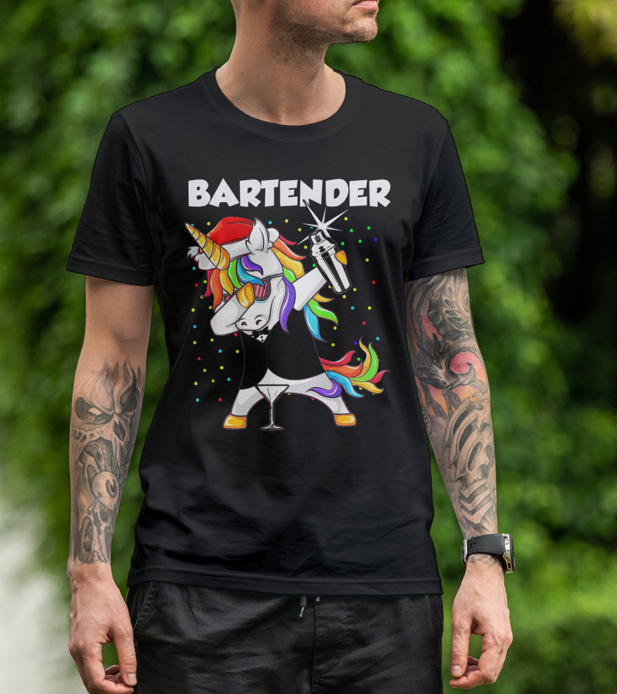 Bartender Unicorn Santa Dab With Cocktail Shaker And Santa Hat T-Shirt