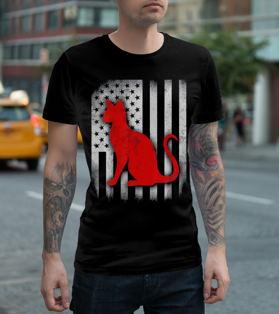 Siamese Cat Silhouette American Flag Stripes And Stars T-Shirt