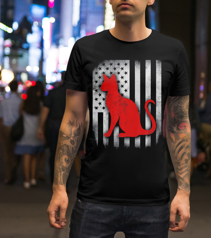 Siamese Cat Silhouette American Flag Stripes And Stars T-Shirt