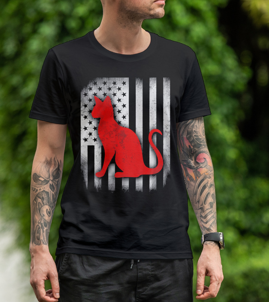 Siamese Cat Silhouette American Flag Stripes And Stars T-Shirt