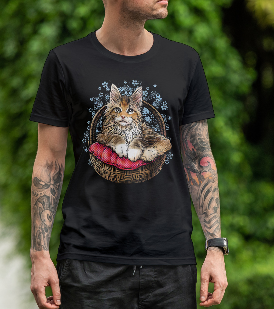 Maine Coon Cat In Floral Basket With Red Cushion T-Shirt